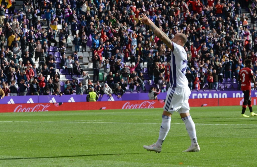 Sandro celebrando el gol que acababa con su sequía de dos años y medio sin marcar. Foto: @realvalladolid